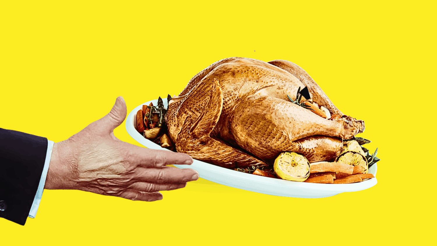 A hand holds out a Thanksgiving turkey