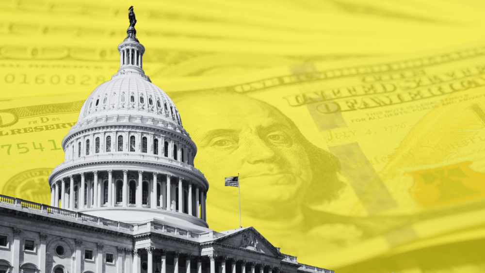 Graphic image of capitol with dollar bills in the background