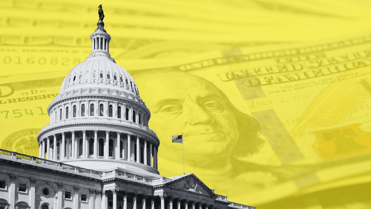 Graphic image of capitol with dollar bills in the background