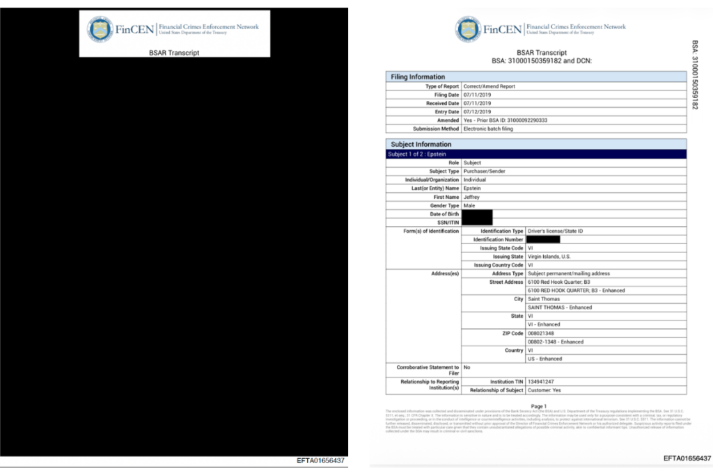 Comparison of two different versions of the same SAR filing, as released by the US Department of Justice. The fully redacted version (left) is currently available from the DOJ website, while the unredacted version (right) was originally uploaded on January 30, 2026. The unredacted copies of the Epstein Files are still available in COURIER’s database of the Epstein Files, created by Thorian AI. Images courtesy US Department of Justice.